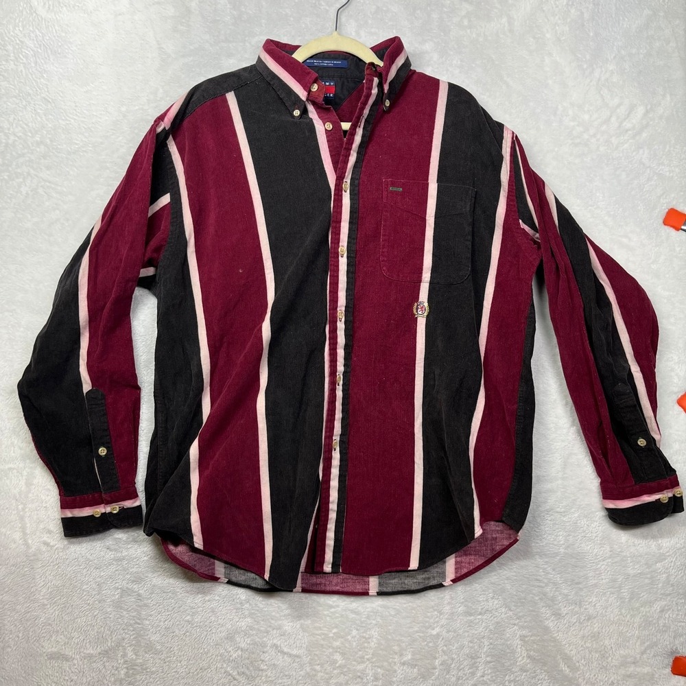 Tommy‎ Hilfiger Corduroy Shirt Men's Maroon Black Striped Button-Down - Medium
